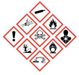 Das Bild zeigt die 9 GHS Symbole. Sie lösten die Gefahrensymbole ab.